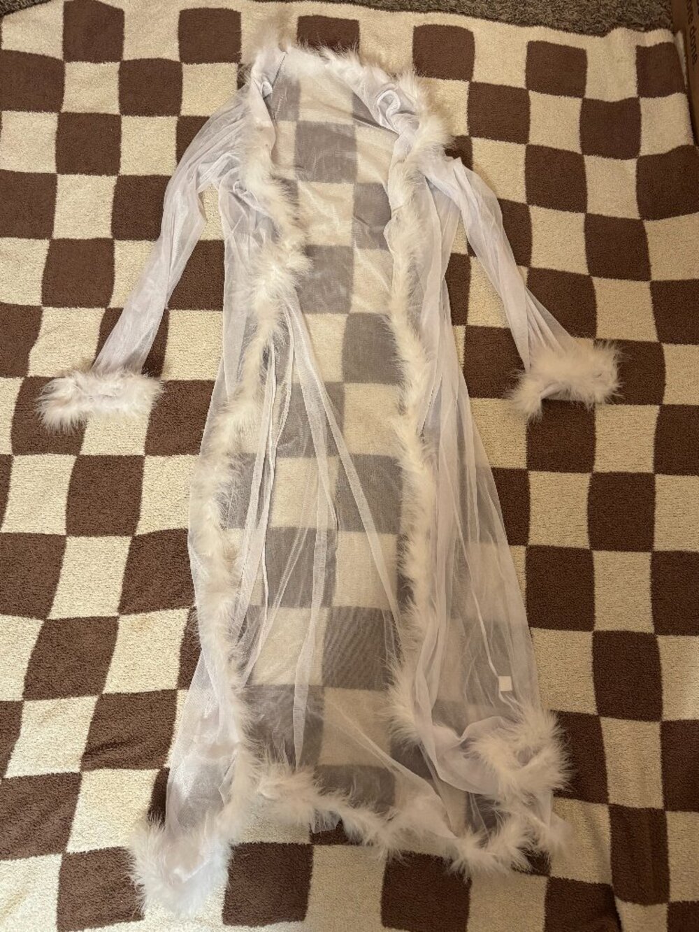 Sheer Long Robe with Boa Feather Trim with